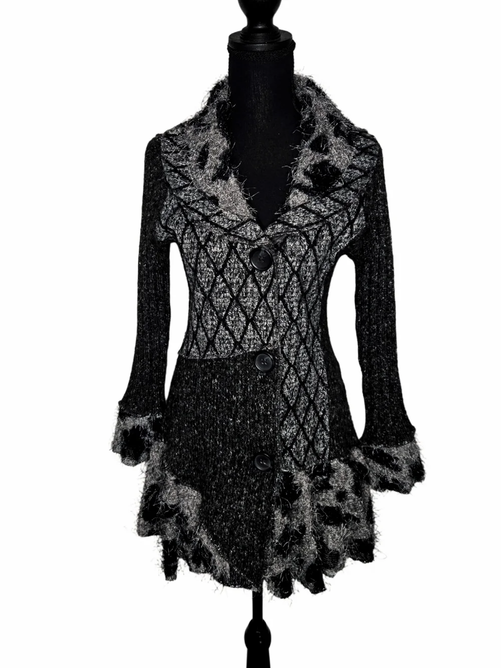 Y2k Black & Gray Textured Button-Front Sweater Coat!